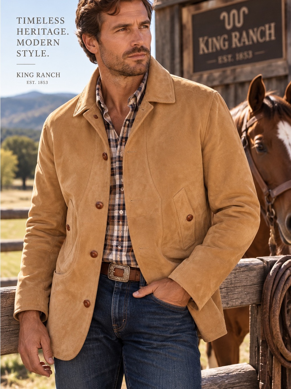King Ranch Men’s Goat Suede Field Coat Saddle Tan Western Jacket